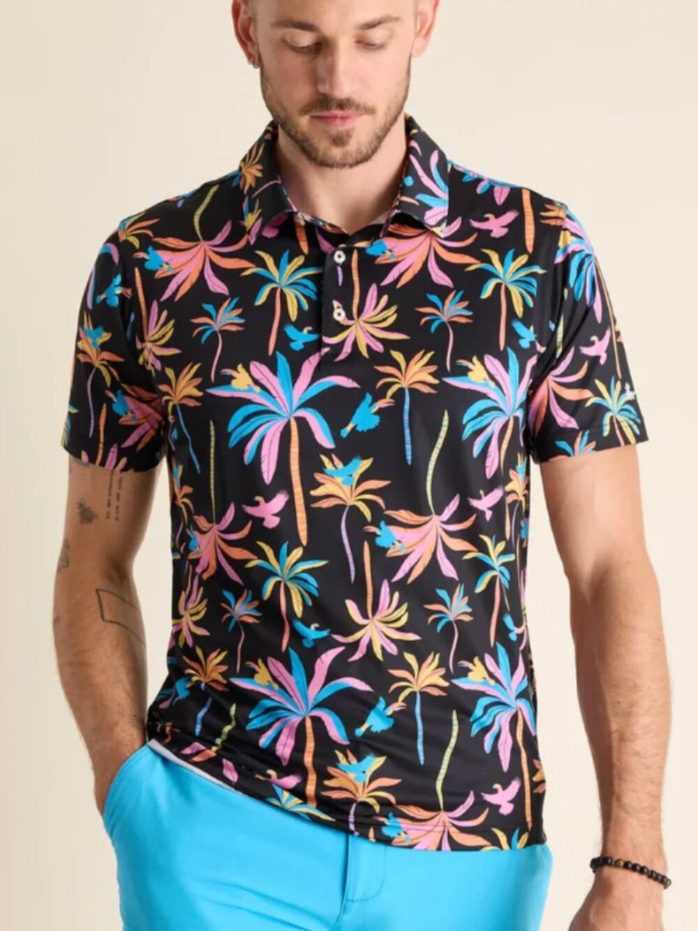 Chubbies Black Light Night Polo Shirt Men's XL Tropical Vacation Summer Party